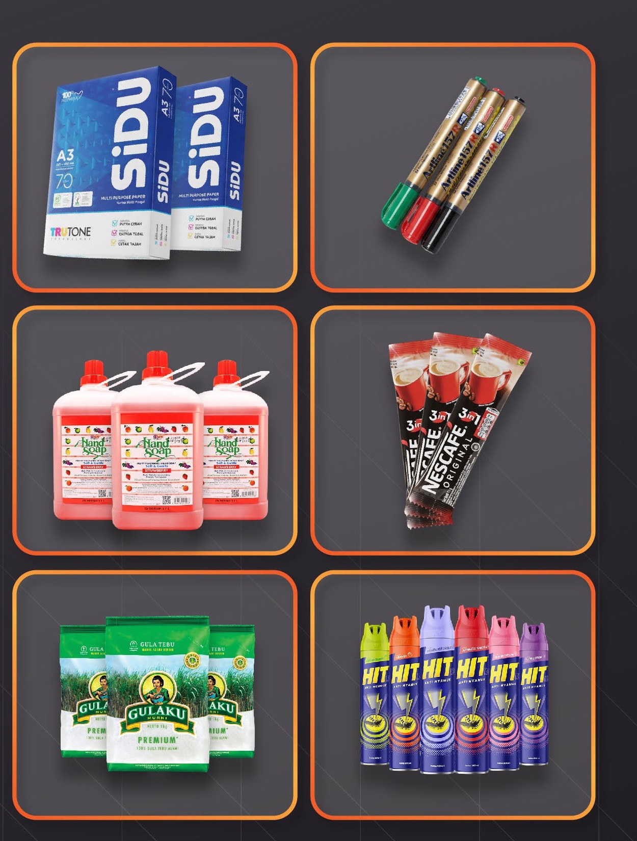 Berbagai produk kantor, pantry, dan kebersihan